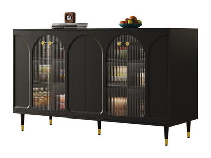 Sideboard with 4 doors - 140x40x85 cm - MDF and glass - for dining room or living room - Black UDHQ66046