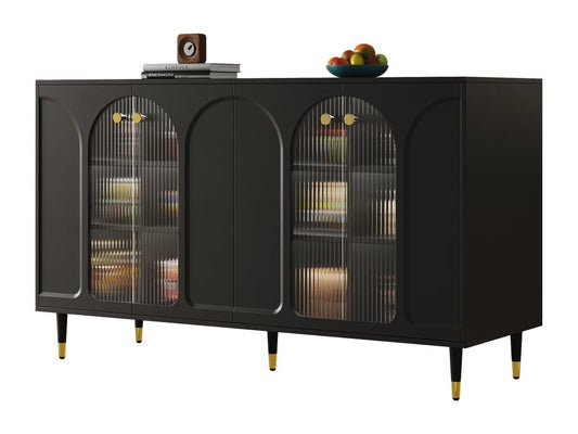 Sideboard with 4 doors - 140x40x85 cm - MDF and glass - for dining room or living room - Black UDHQ66046