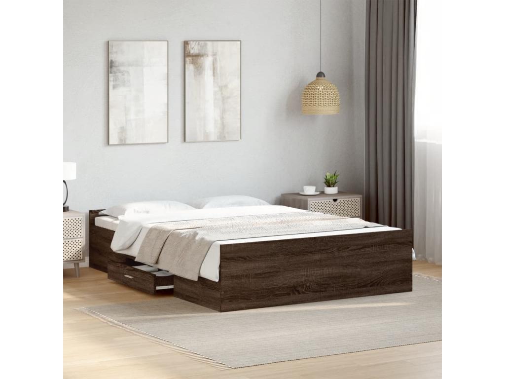 Brown oak bed frame with drawers, 135x190 cm, engineered wood AHAV35024