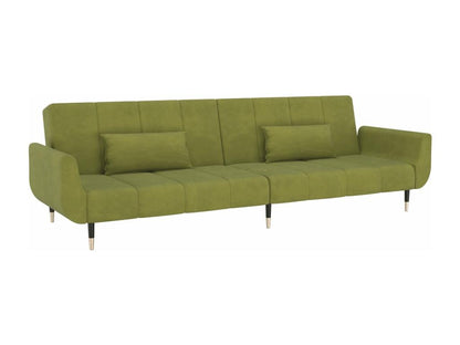 2-seater sofa bed with two pillows, light green velvet