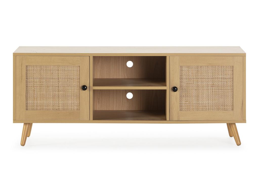 Meublori 2-Door TV Stand in Oak Finish with Natural Rattan