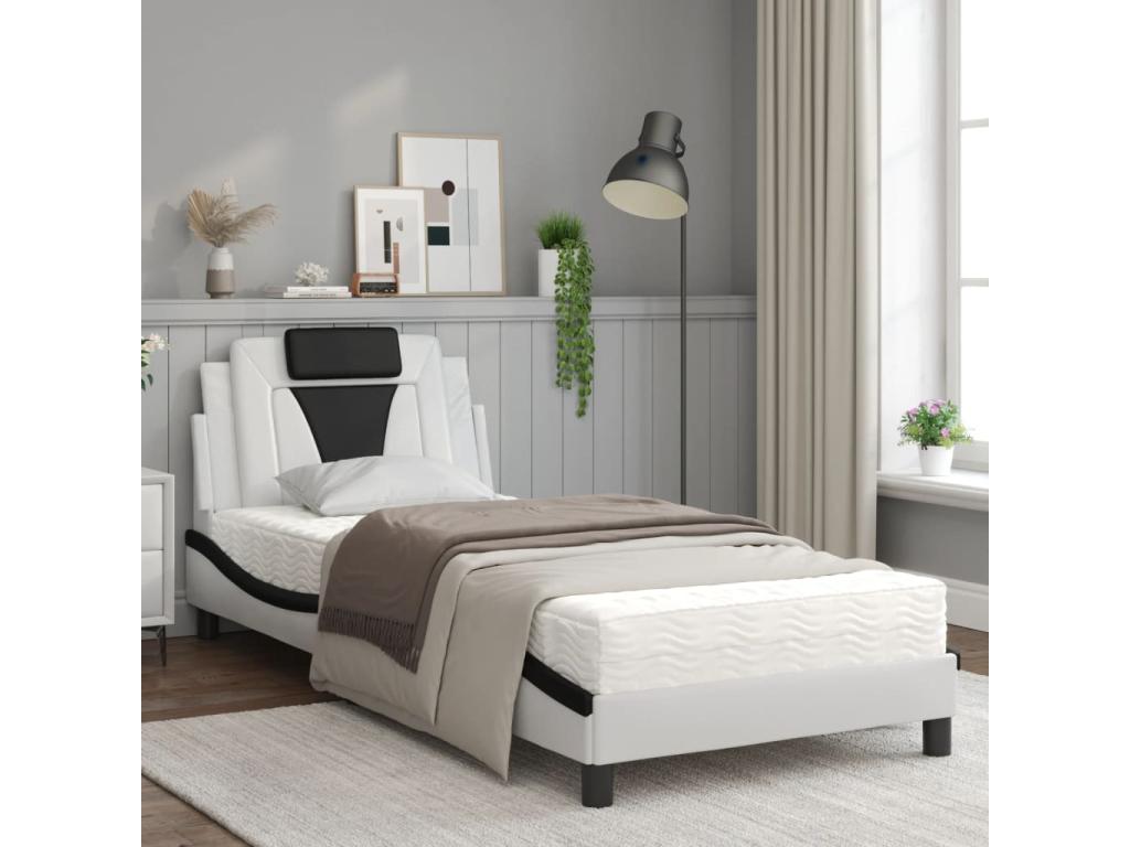 Bed with black and white mattress 90x190 cm faux leather
