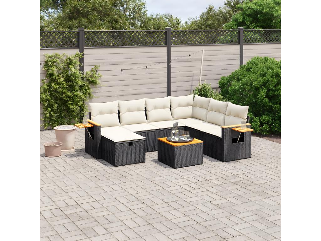 8-piece garden furniture set with cushions, black woven resin
