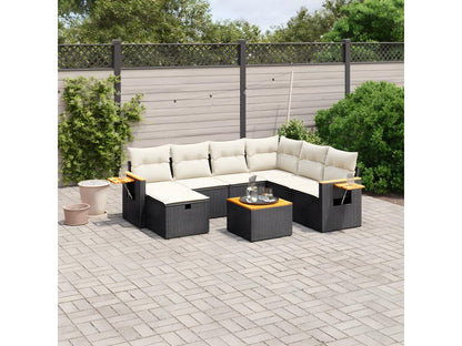 8-piece garden furniture set with cushions, black woven resin