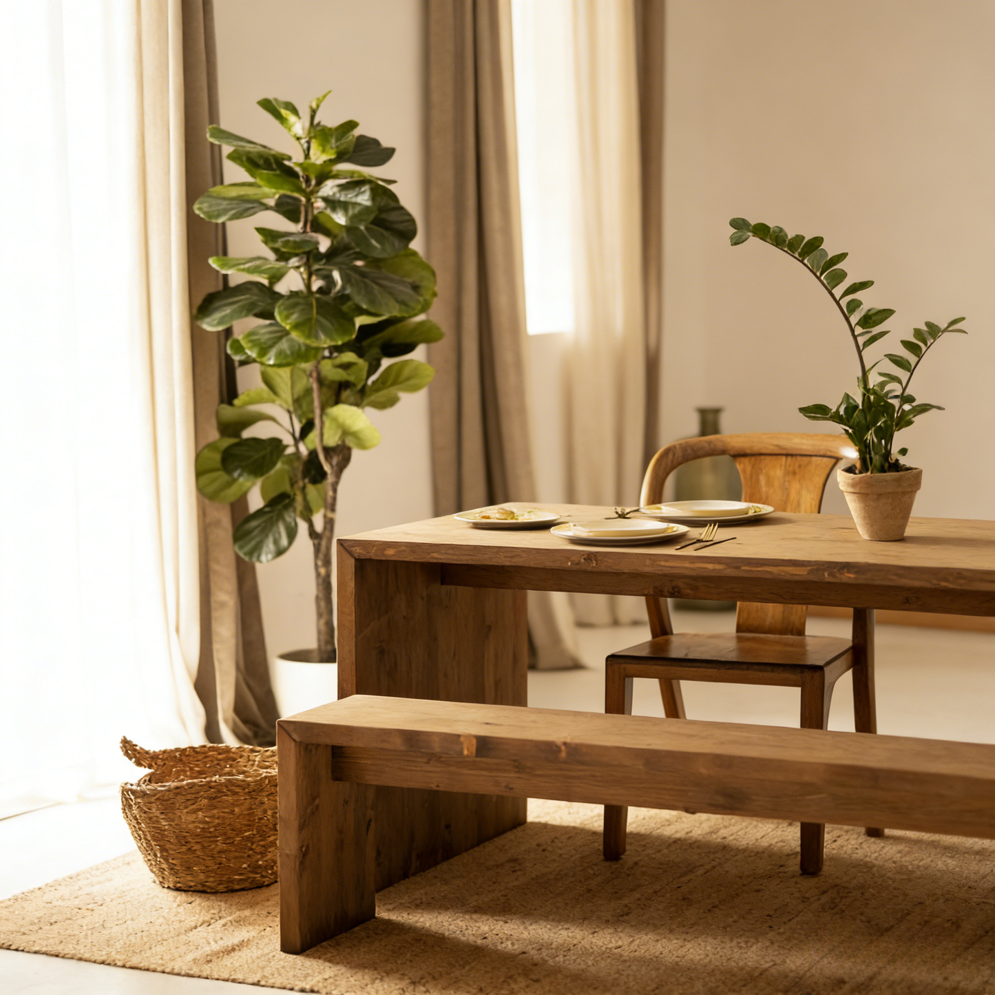 Laviecasa WHLS87437 Brown Fir Wood Dining Table and Bench Set 200x75cm