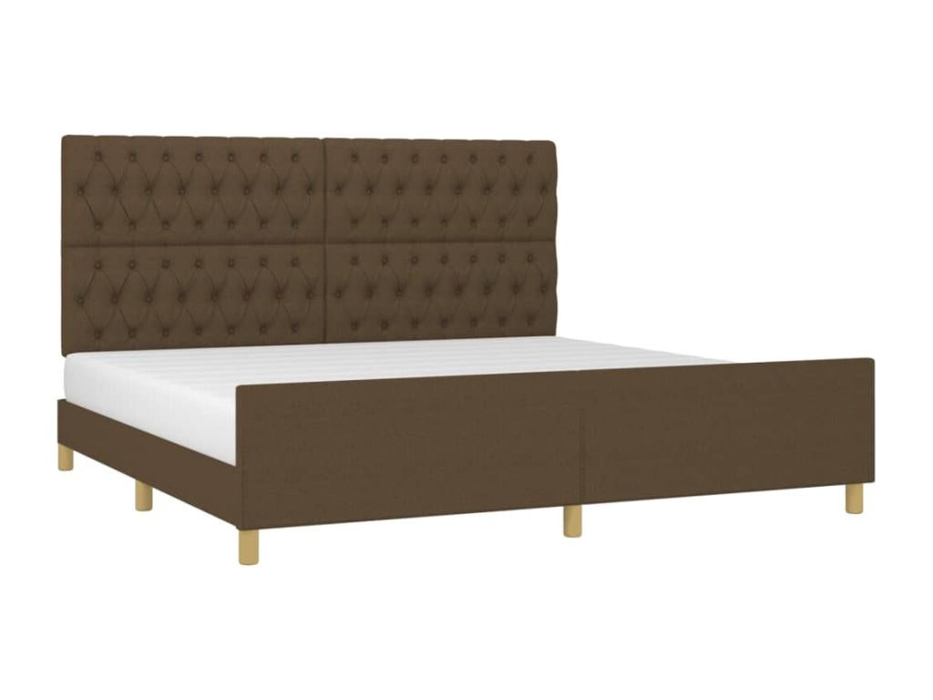 Bed frame without mattress, with dark brown fabric headboard
