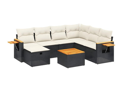 8-piece garden furniture set with cushions, black woven resin