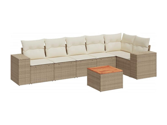 7-piece garden furniture set with cushions, beige woven resin