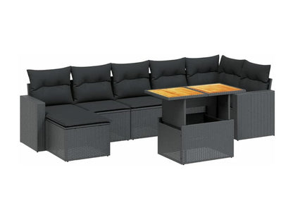8-piece garden furniture set with cushions, black woven resin