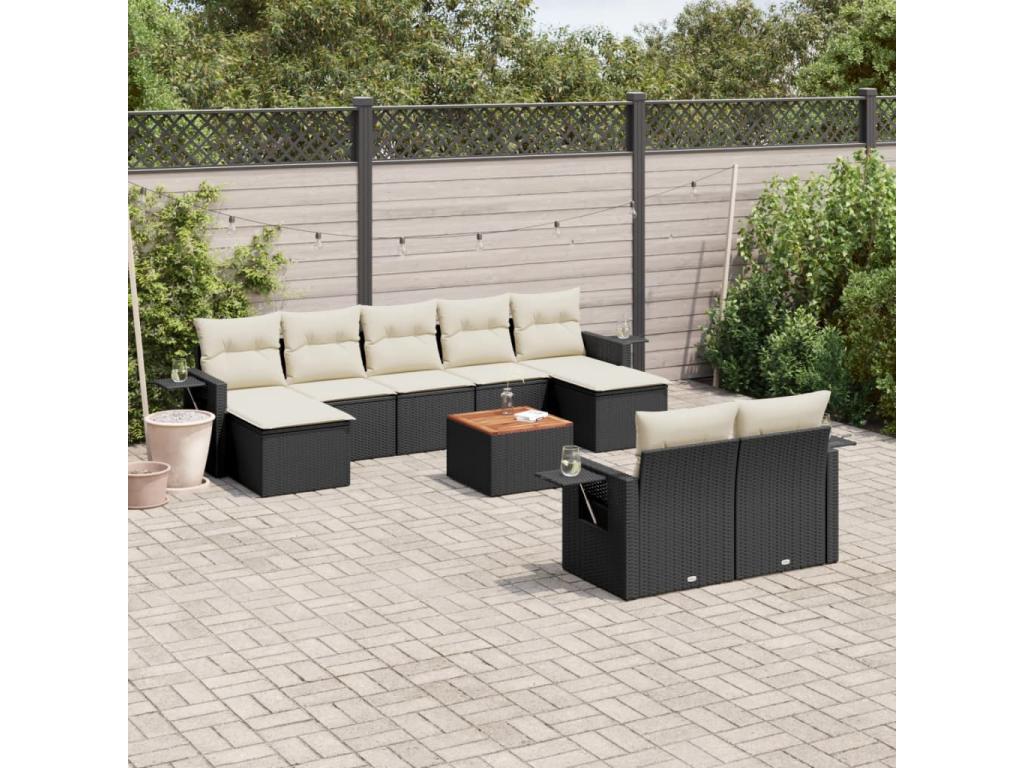 10-piece garden furniture set with cushions, black woven resin