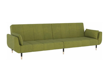 2-seater sofa bed with two pillows, light green velvet