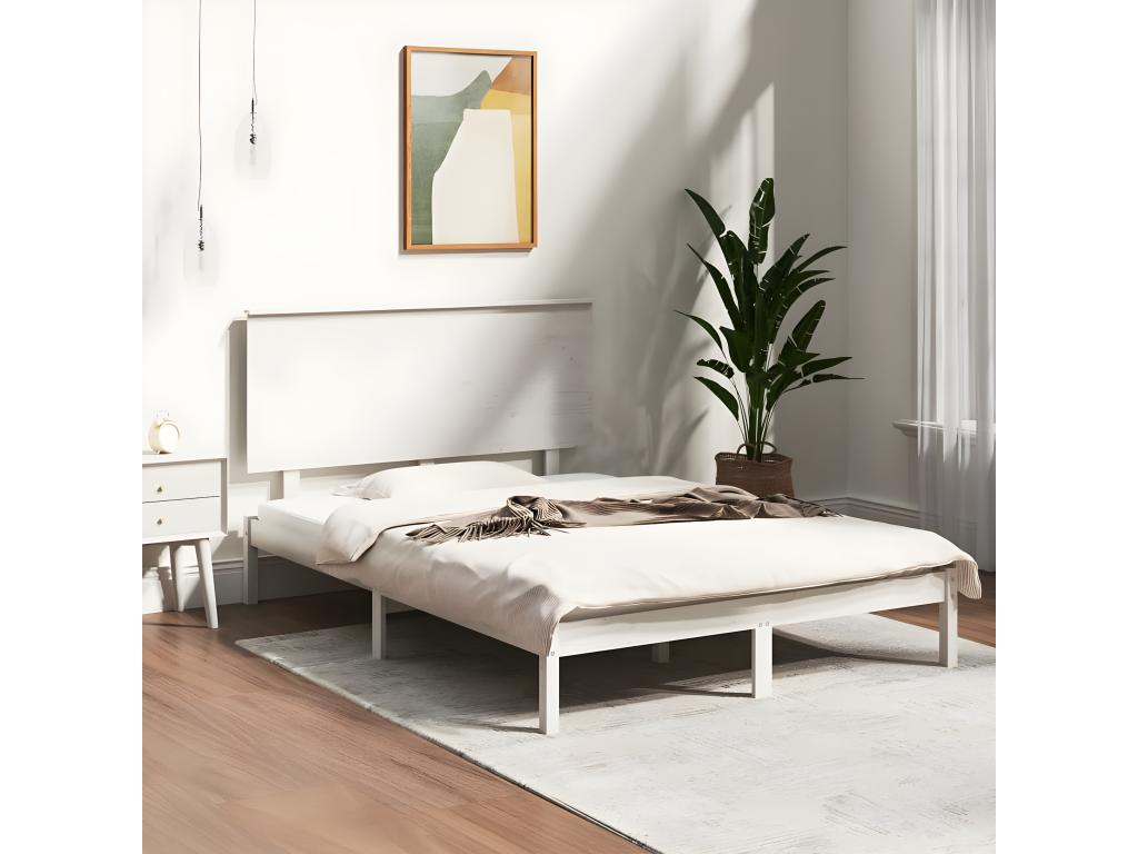 White bed frame without mattress, 135x190 cm, solid wood