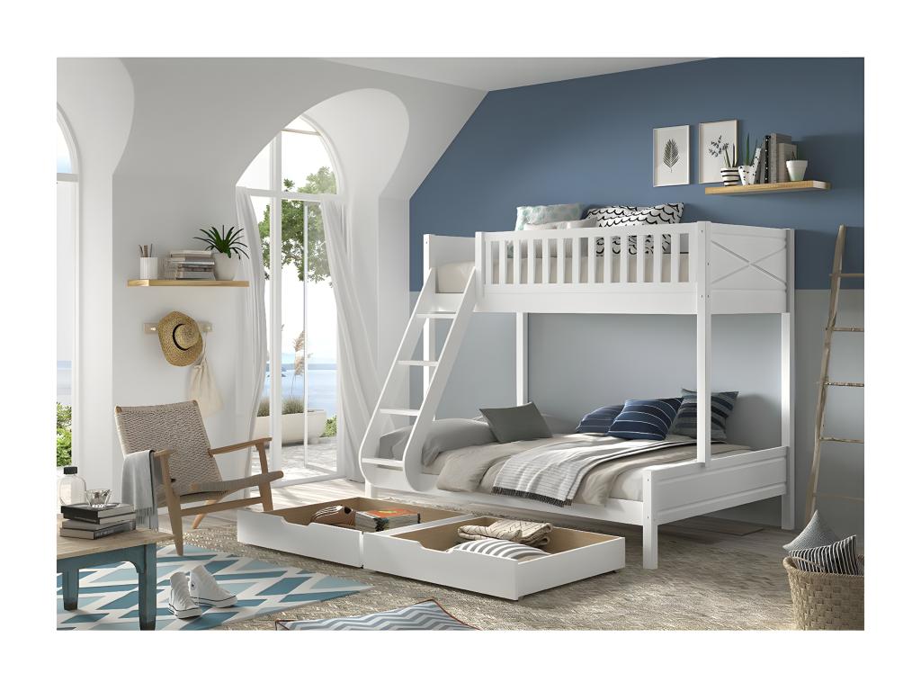 Meublori - Bunk Bed with 2 Drawers in White Lacquered Pine, Sleeping Areas 140x200cm and 90x200cm