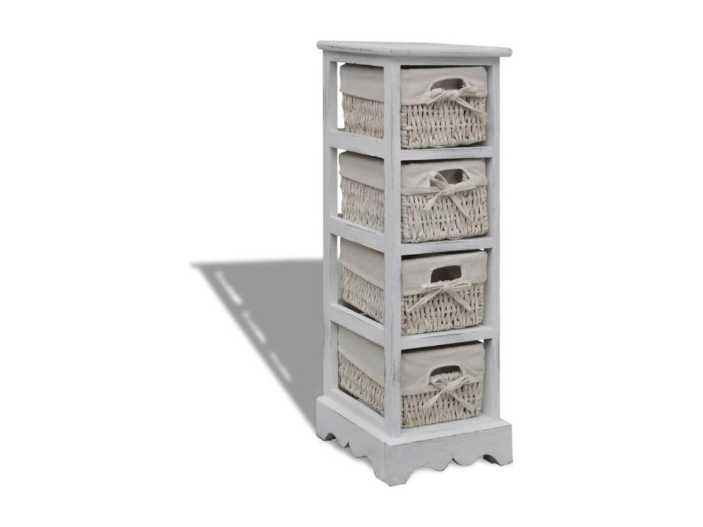 Wooden storage shelf with 4 woven baskets, white
