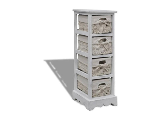 Wooden storage shelf with 4 woven baskets, white