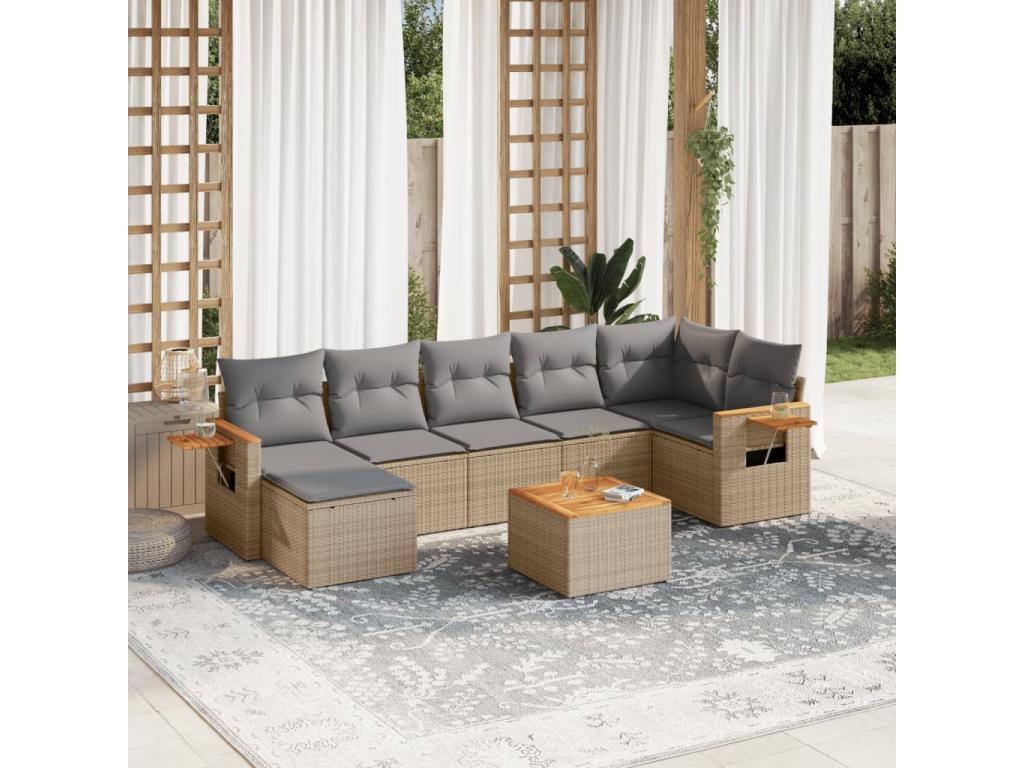 8-piece garden furniture set with cushions, beige woven resin XVJD30465