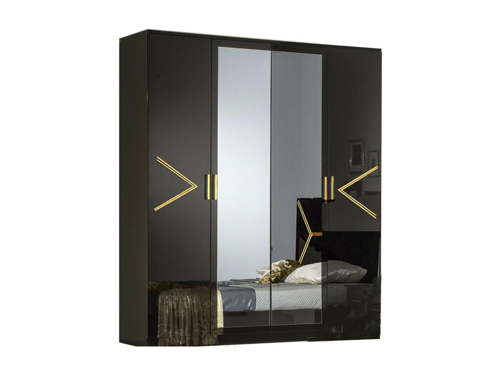 Diamanto 182cm designer bedroom wardrobe with 4 hinged doors in black lacquered wood and gold metal