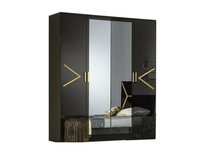 Diamanto 182cm designer bedroom wardrobe with 4 hinged doors in black lacquered wood and gold metal