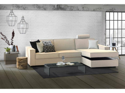 Meublori Fixed Sofa Corner Sofa Made in Italy Living Room Sofa with Right-Hand Storage Peninsula and Standard Armrests 280x95h90 cm Beige