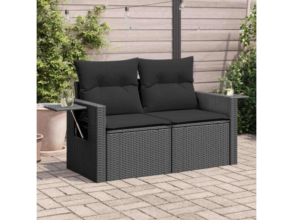 Garden sofa with cushions, 2-seater, black woven resin FKTV58513
