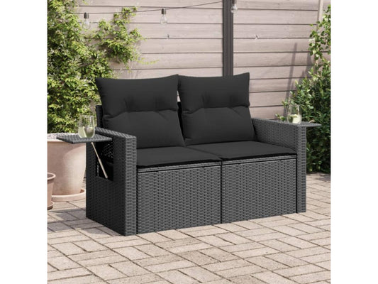 Garden sofa with cushions, 2-seater, black woven resin FKTV58513