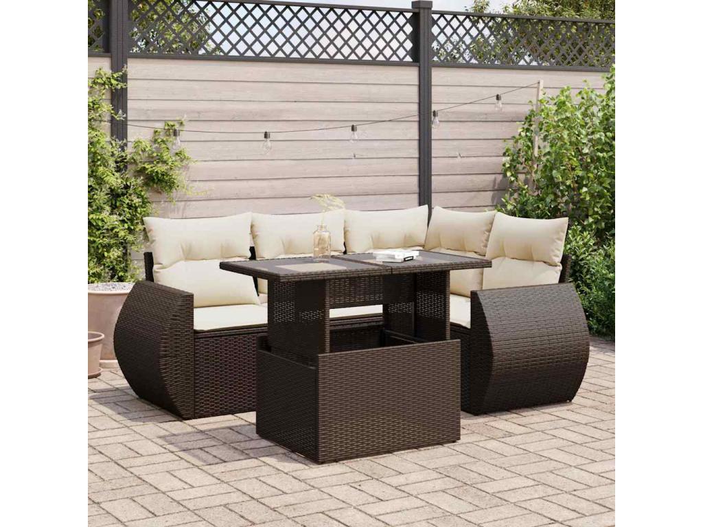 5-piece garden furniture set with cushions, brown woven resin