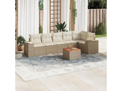 7-piece garden furniture set with cushions, beige woven resin