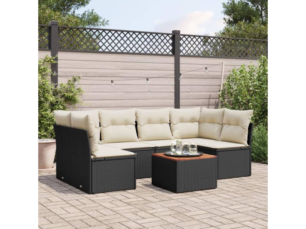 7-piece garden furniture set with cushions, black woven resin