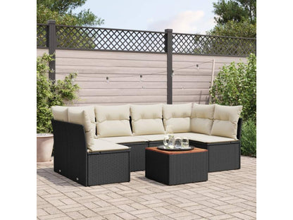 7-piece garden furniture set with cushions, black woven resin