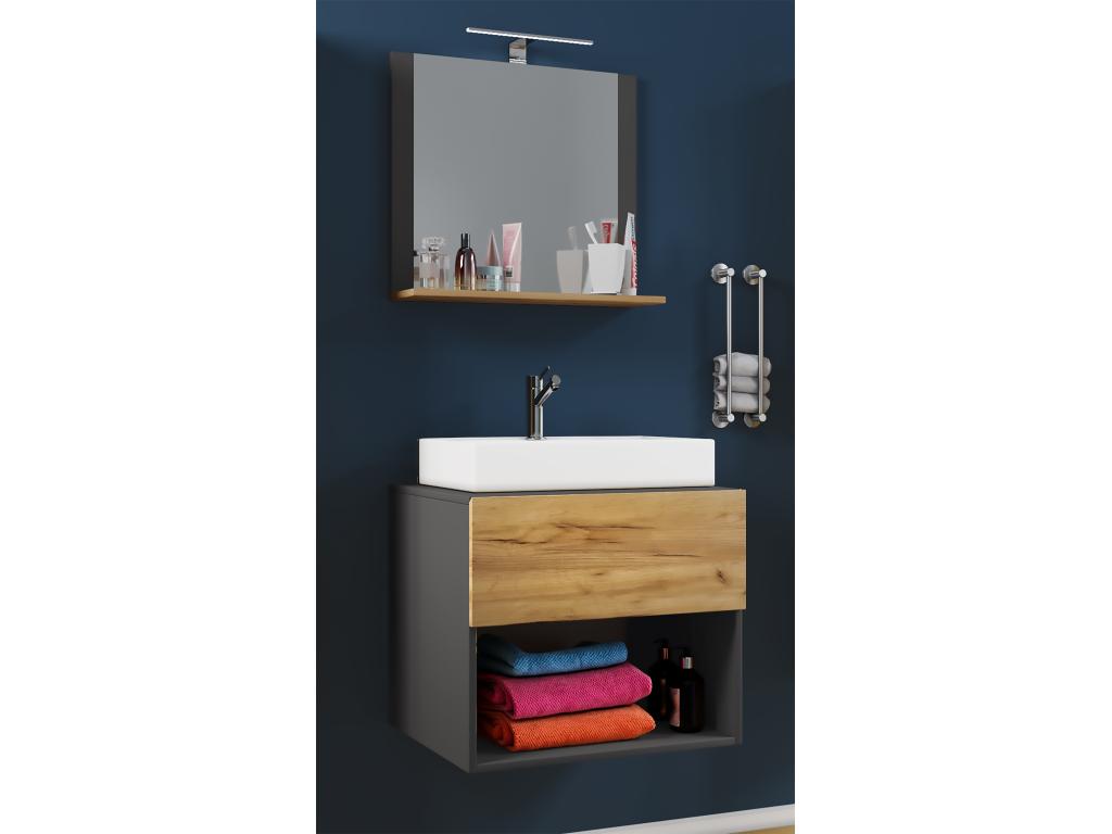 Laviecasa 3-piece bathroom vanity unit, Lendas II sink and mirror, anthracite/honey oak - 60 MLLL67576