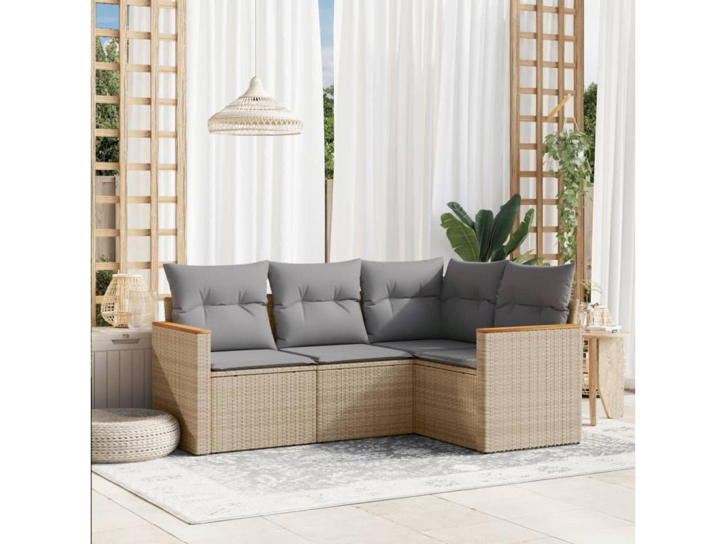 4-piece garden furniture set with cushions, beige woven resin TKIH61355