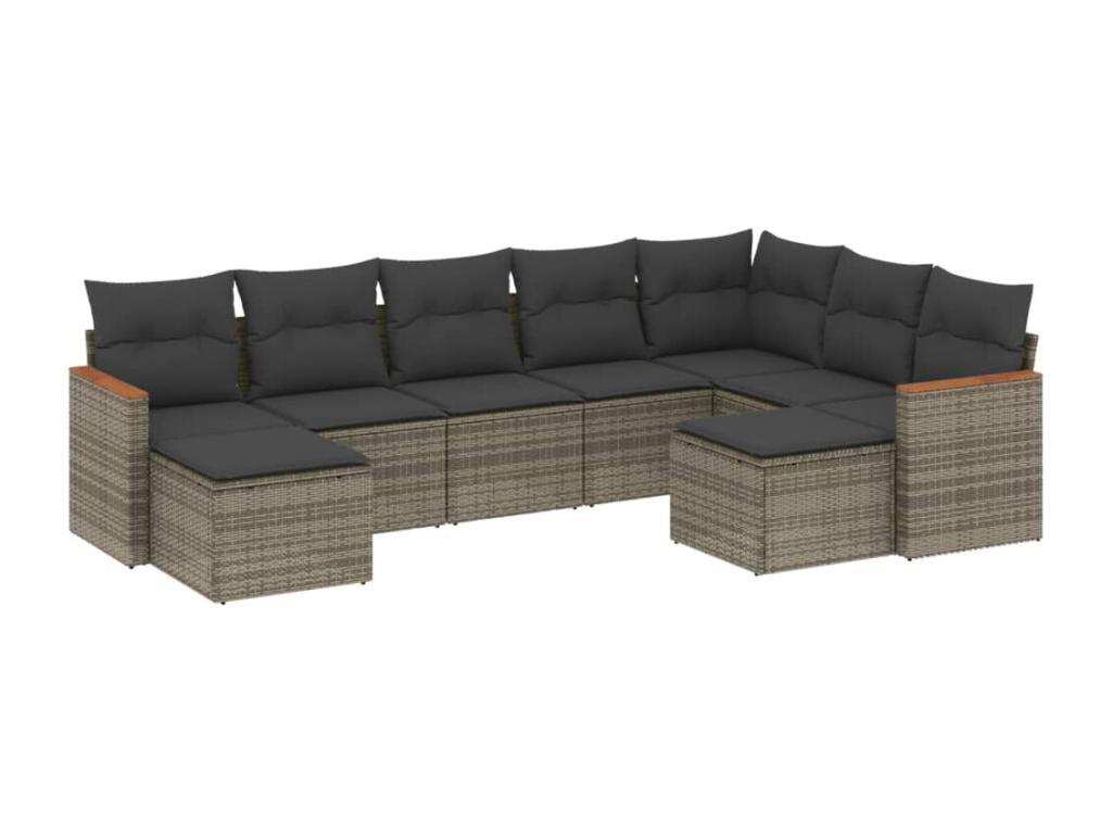 9-piece garden furniture set with grey resin wicker cushions