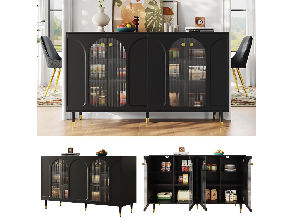 Sideboard with 4 doors - 140x40x85 cm - MDF and glass - for dining room or living room - Black UDHQ66046