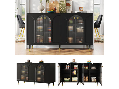 Sideboard with 4 doors - 140x40x85 cm - MDF and glass - for dining room or living room - Black UDHQ66046
