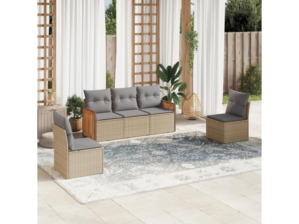 5-piece garden furniture set with cushions, beige woven resin TLEB86785