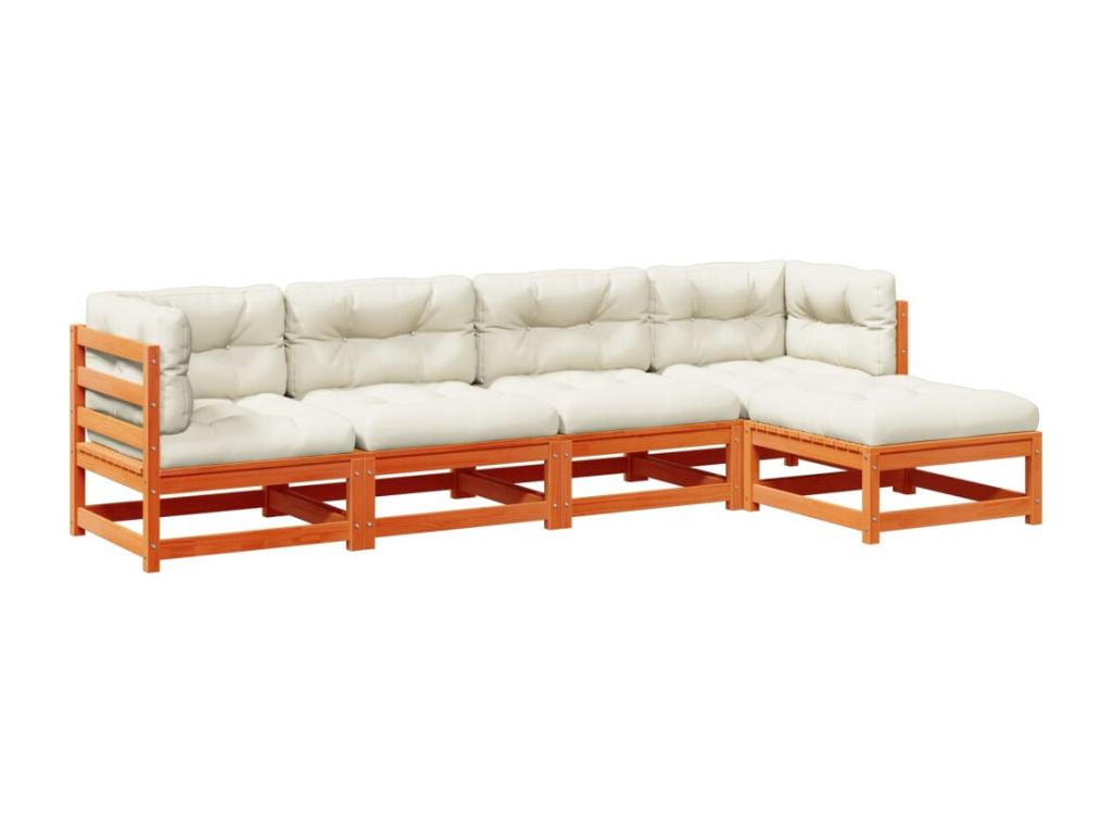 5-piece garden furniture set with cushions, brown wax finish, solid pine wood