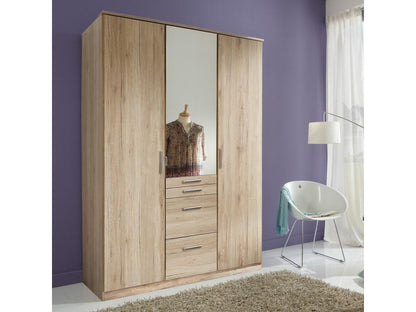 Wardrobe with 3 doors, including 1 mirror, and 4 drawers - W135 cm