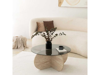 Laviecasa round designer coffee table D75cm Smoked Grey Glass and Beige Travertine Effect ZBPX98490