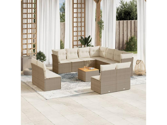 12-piece garden furniture set with cushions, beige woven resin OHLS84059