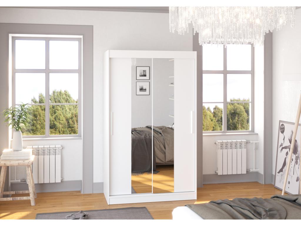 Small bedroom wardrobe with 2 sliding doors, white with mirror, Laviecasa 120cm QJQS87826