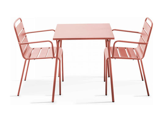 Square garden table and 2 clay-colored steel chairs - Meubiana