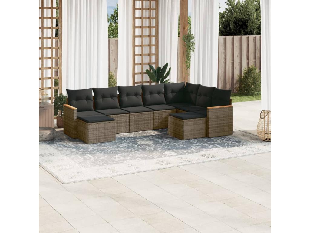 9-piece garden furniture set with grey resin wicker cushions