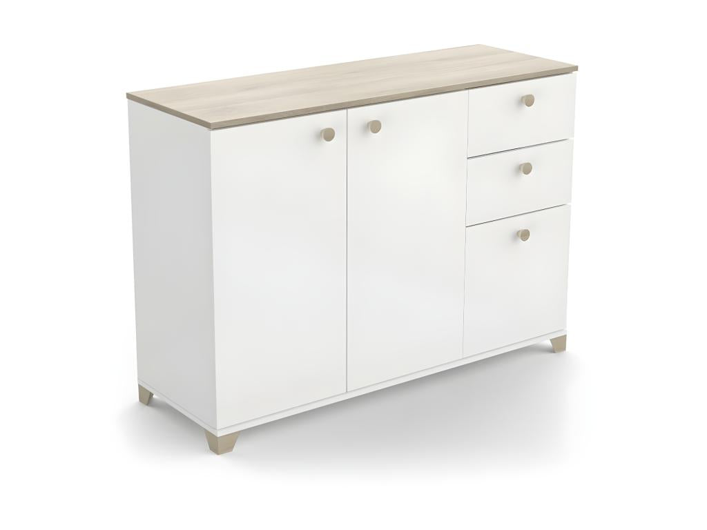 3-door, 2-drawer sideboard, matte white/light oak - Meublori - W 120 x D 42 x H 82 cm