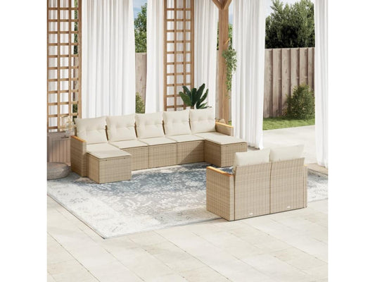 9-piece garden furniture set with cushions, beige woven resin