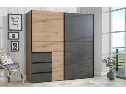 200cm wardrobe with 2 sliding doors and 3 drawers, wood-effect concrete finish - Laviecasa OCUI67207