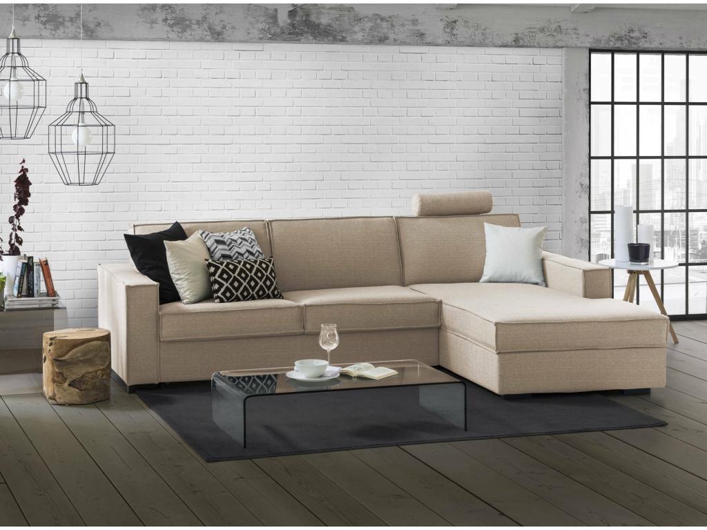 Meublori Fixed Sofa Corner Sofa Made in Italy Living Room Sofa with Right-Hand Storage Peninsula and Standard Armrests 280x95h90 cm Beige