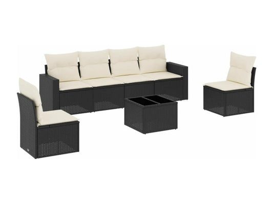 7-piece garden furniture set with cushions, black woven resin