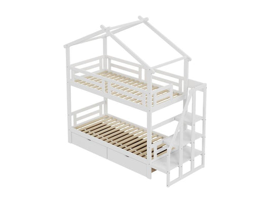 Bunk bed 90x200cm children's cabin bed in solid wood with slatted base, Meublori 2 drawers, storage ladder, white