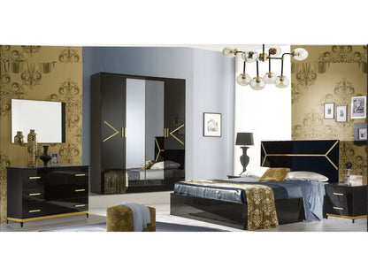 Diamanto 182cm designer bedroom wardrobe with 4 hinged doors in black lacquered wood and gold metal