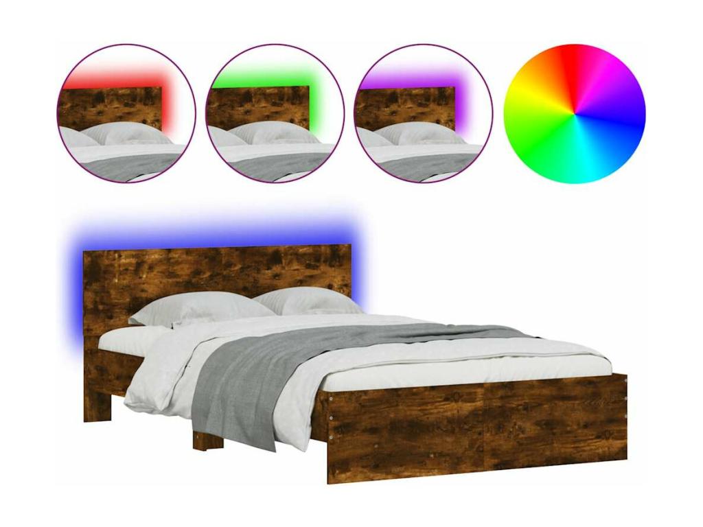 Bed frame with headboard and LED lighting, smoked oak, 120x200 cm